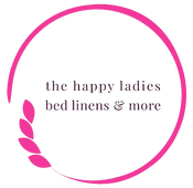 Logo for 'the happy ladies bed linens & more' with a pink circular frame and leaf design