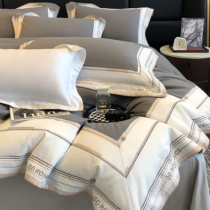 1000TC Gray and beige Brushed Cotton Frame Bedding Set includes duvet cover, sheet and pillowcases