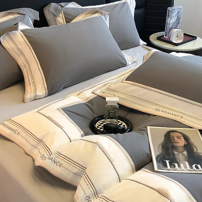 1000TC Gray and beige Brushed Cotton Frame bedding set at The Happy Ladies