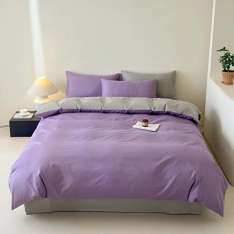 100% Cotton Reversible 400TC Bedding Set – Soft Duvet & Sheet Set Purple & Gray