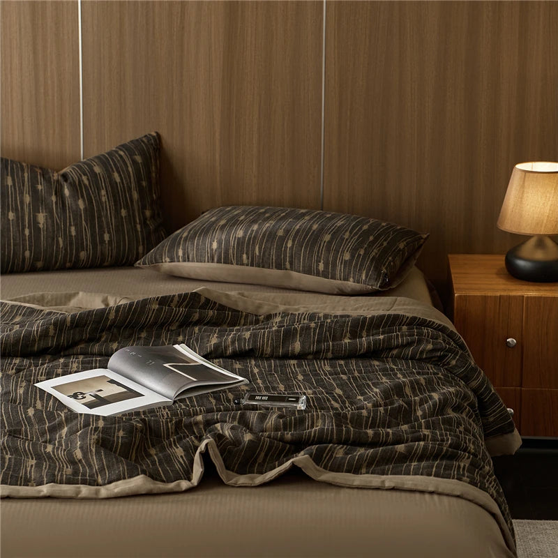 100% cotton brown and beige stripe quilted blanket