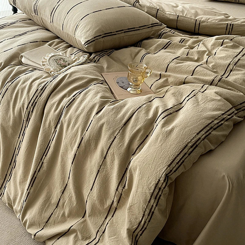 400TC Beige Cotton Yarn-Dyed Stripe Bedding Set Duvet Cover with sheets and pillowcases