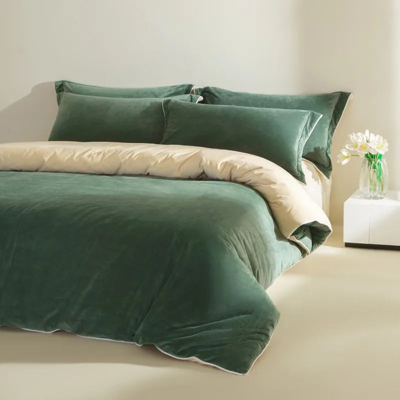 500TC Reversible Fluffy Microfiber Duvet Cover Set with Sheets - Dark green