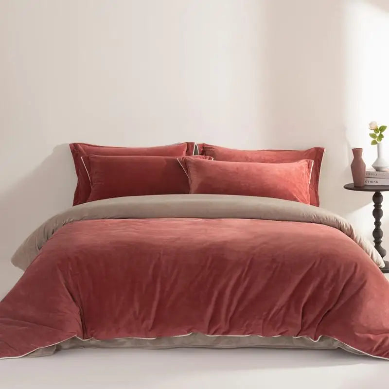 500TC Reversible Fluffy Microfiber Duvet Cover Set with Sheets - Reddish