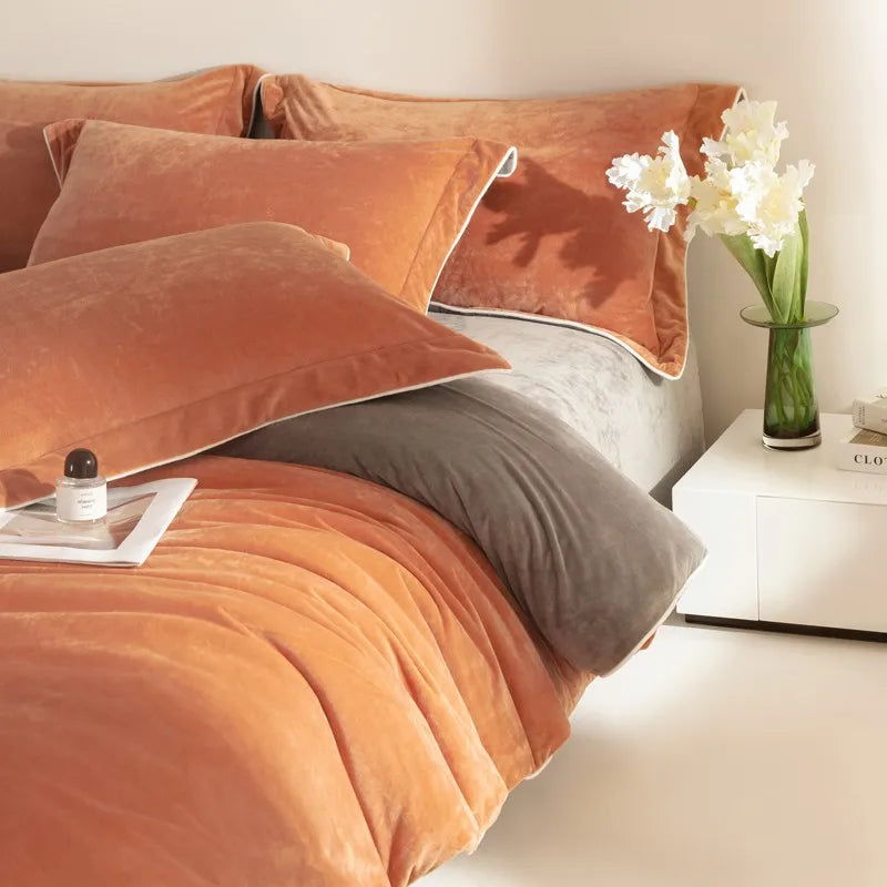 500TC orange and gray bedding, a velvet textured duvet cover set Reversible Fluffy Microfiber Sheets and pillowcases - Rust
