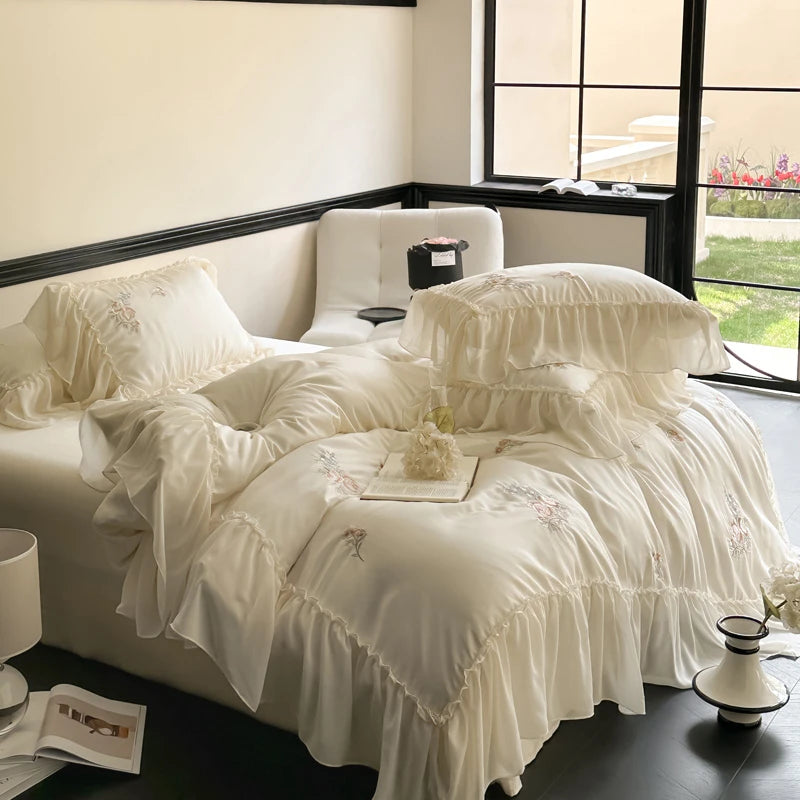 600TC Chiffon Ruffle Princess floral Embroidery duvet cover set