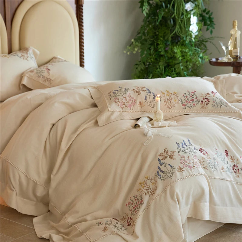 600TC Linen Cotton Blend Pinterest style Soft Embroidery Bedding Set