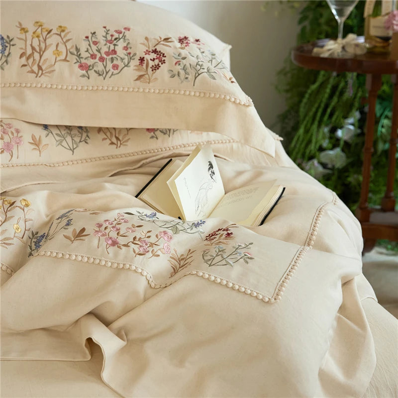 600TC Linen Cotton Blend floral  Soft Embroidery Bedding Set includes flat or fitted sheets, duvet cover and pillowcases