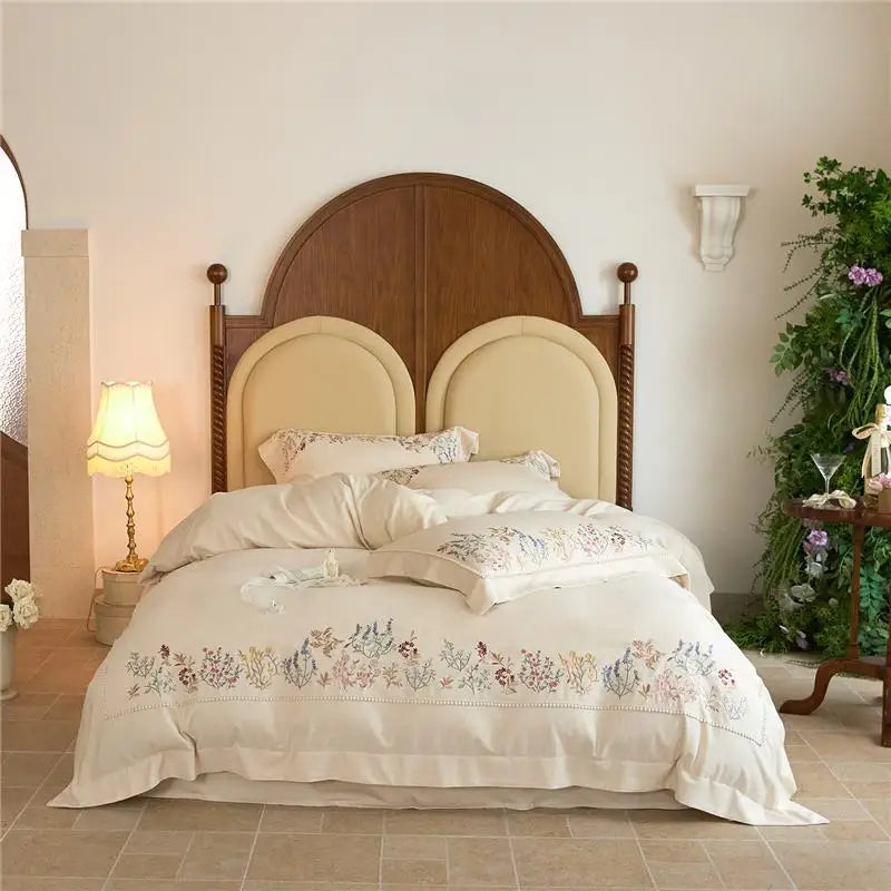 600TC Natural Linen Cotton Blend Bedding Set – Luxury Soft Embroidery - Soft pink
