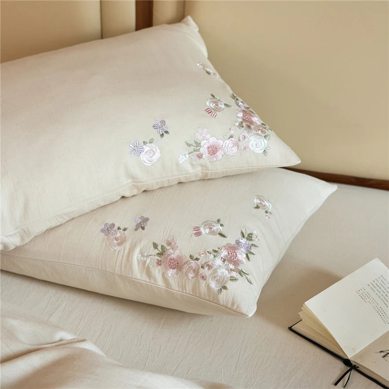 600TC Natural Linen Cotton Blend Luxury Soft floral Embroidery Bedding Set includes duvet cover, sheet and pillowcases
