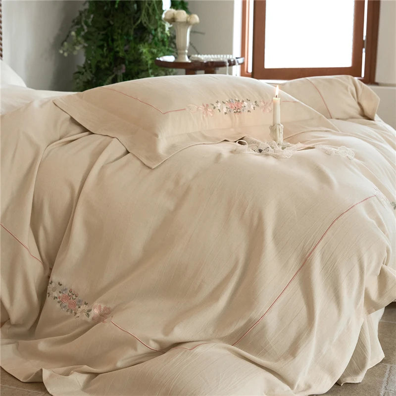 600TC Natural Linen Cotton Blend Luxury Soft floral Embroidery Bedding Set includes flat or fitted sheets, duvet cover and pillowcases