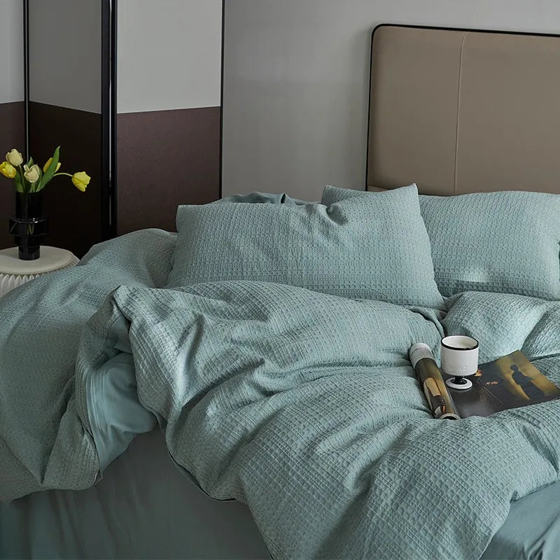 600TC Sky blue Washed Cotton Waffle Weave Duvet Cover Bedding Set