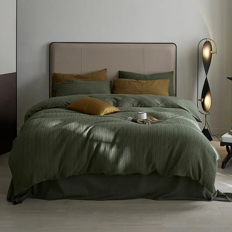 600TC Washed Cotton Waffle Weave Duvet Cover Bedding Set - Grey