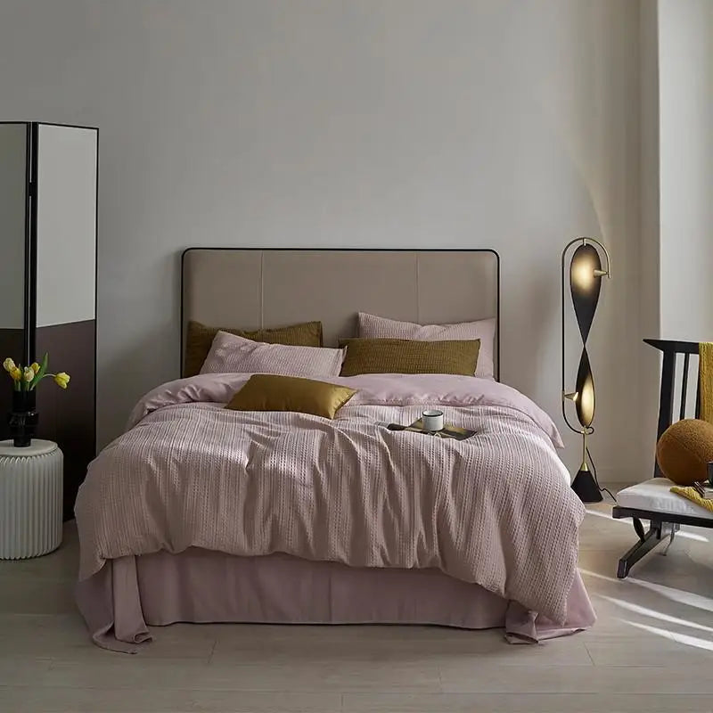 600TC Washed Cotton Waffle Weave Duvet Cover Bedding Set - Pink
