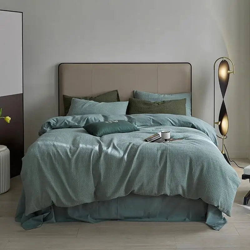 600TC Washed Cotton Waffle Weave Duvet Cover Bedding Set - Sky