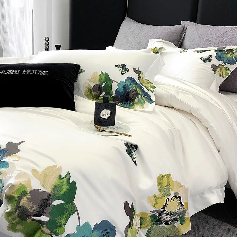 800TC Egyptian Cotton Floral White Bedding set includes Duvet Cover, Sheet and pillowcases in Queen and King size