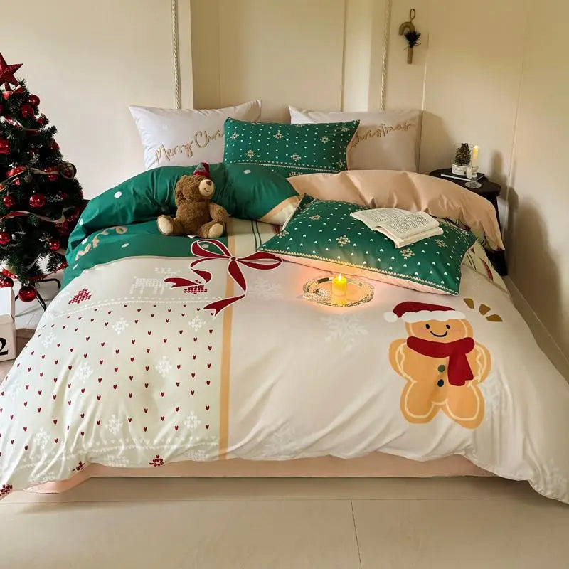 Bed with Christmas-themed bedding and decorations, including a teddy bear and gingerbread man design.