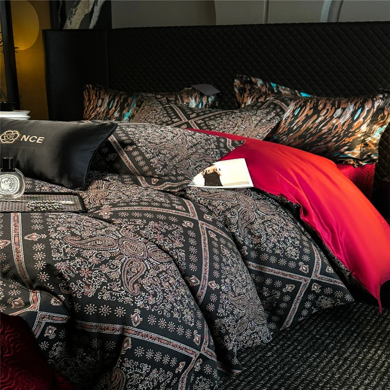Bed with patterned bedding set and colorful pillows in a bedroom setting