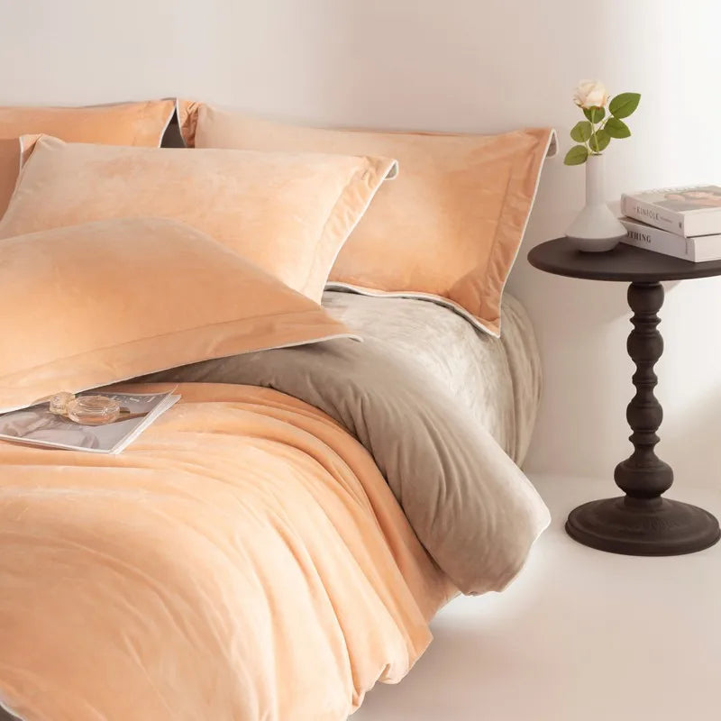 Bed with peach-colored bedding 500TC Reversible Fluffy Microfiber velvet textured Duvet Cover Set with sheets and pillowcases