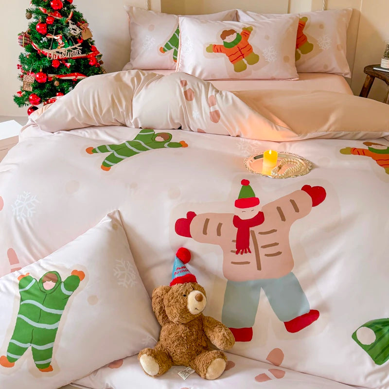 Bedding set with Christmas-themed design featuring cartoon characters and a teddy bear on a bed.