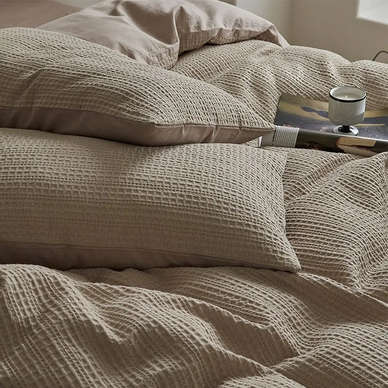 Beige 600TC Washed Cotton Waffle Weave Duvet Cover Bedding Set