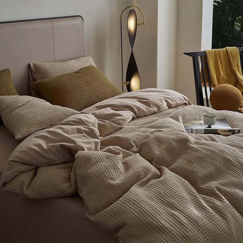 Beige 600TC Washed Cotton Waffle Weave Duvet Cover Bedding Set includes sheets, duvet cover and pillowcases