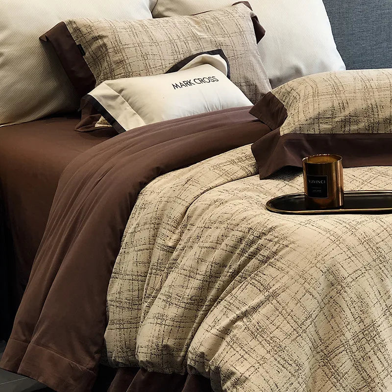 Beige and Brown Luxury Ripple Velvet Fluffy Duvet Cover Bedding Set 4Pcs