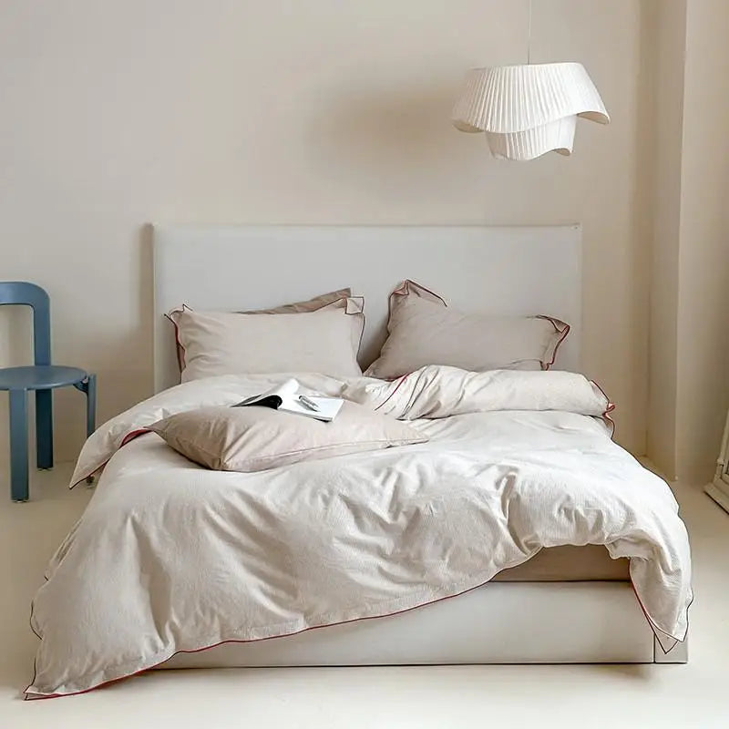 Beige bedding in a minimalistic bedroom.