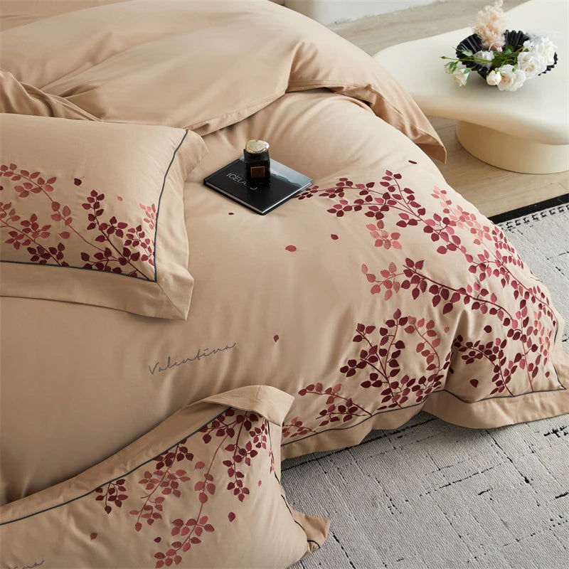 Beige bedding set with floral patterns in a bedroom setting