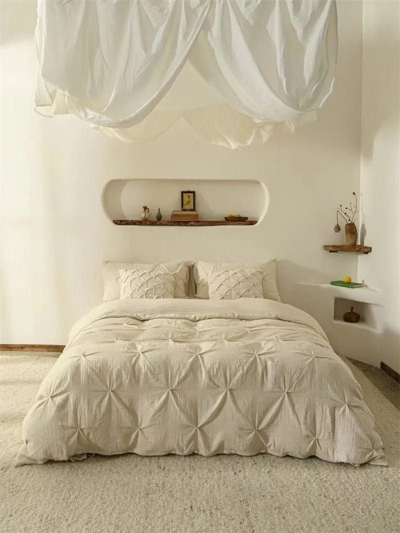 Beige pleated duvet cover bedding set at The Happy Ladies