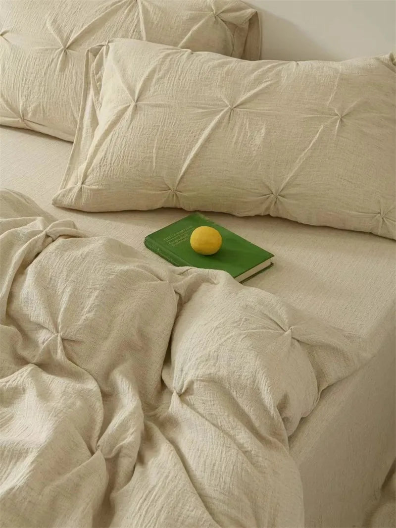 Beige textured bedding.