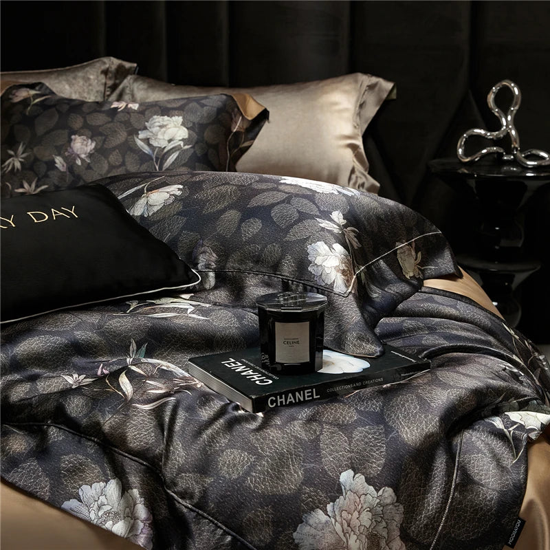 Black floral digital print bedding set includes pillow case sheets and duvet cover at the happy ladies