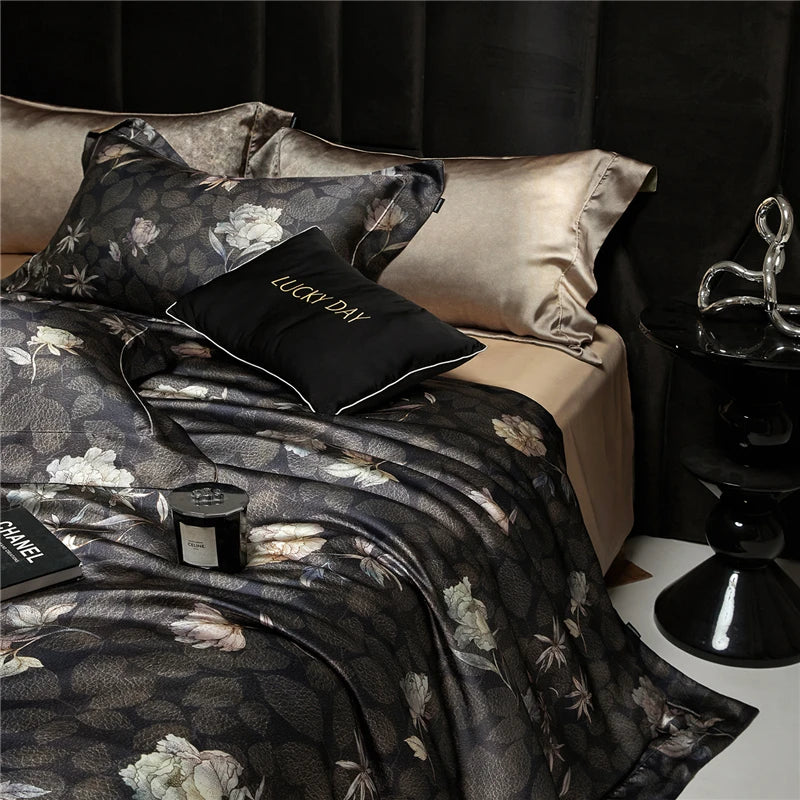 Black floral digital print silk blend bedding set at the happy ladies