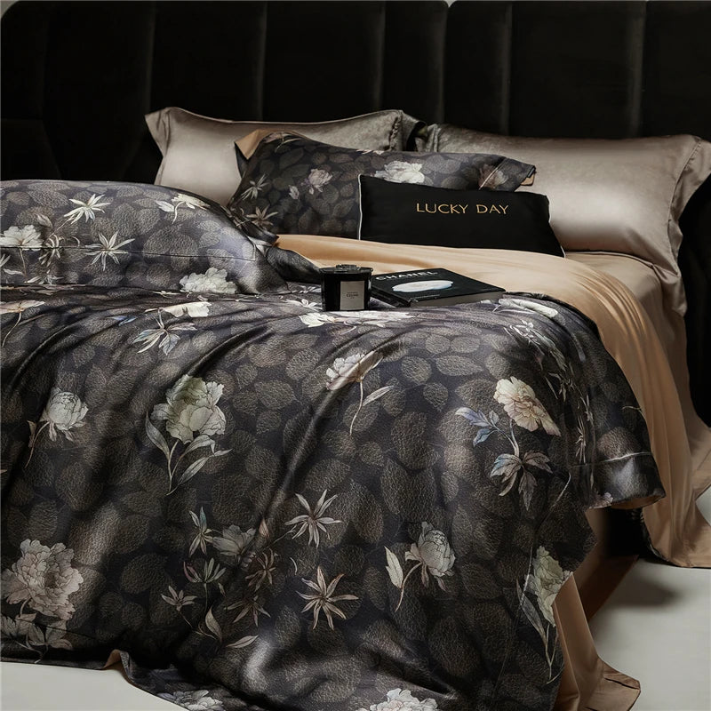 Black floral silk and lyocell blend bedding set at the happy ladies 