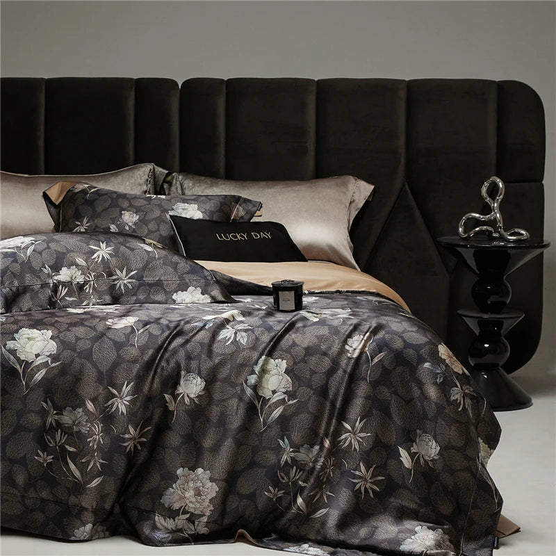 Black floral silk blend bedding set at the happy ladies