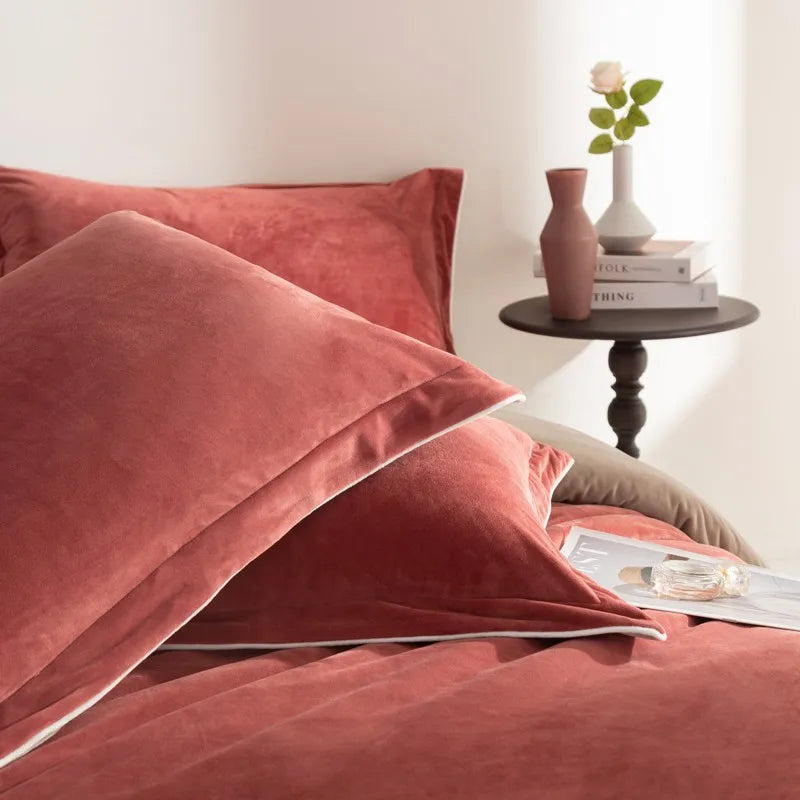 Blood Red 500TC Reversible Fluffy Microfiber velvet bedding set includes Duvet Cover, Sheets in flat and fitted options and Pillowcases with white trim