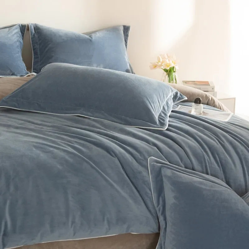 Blue velvet bedding set on a bed with pillows 500TC Reversible Fluffy Microfiber velvet textured Duvet Cover flat or fitted sheets