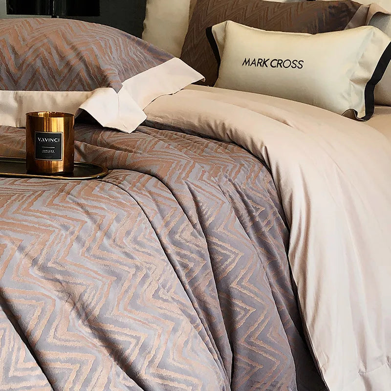 Brown and beige Luxury Ripple Velvet Fluffy Bedding Set including sheets, duvet cover and pillowcases 