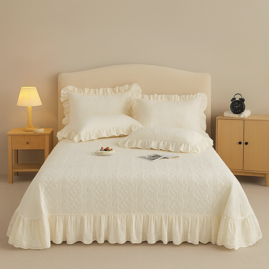 400TC Quilted Floral Embossed Lace Bedding Set - White