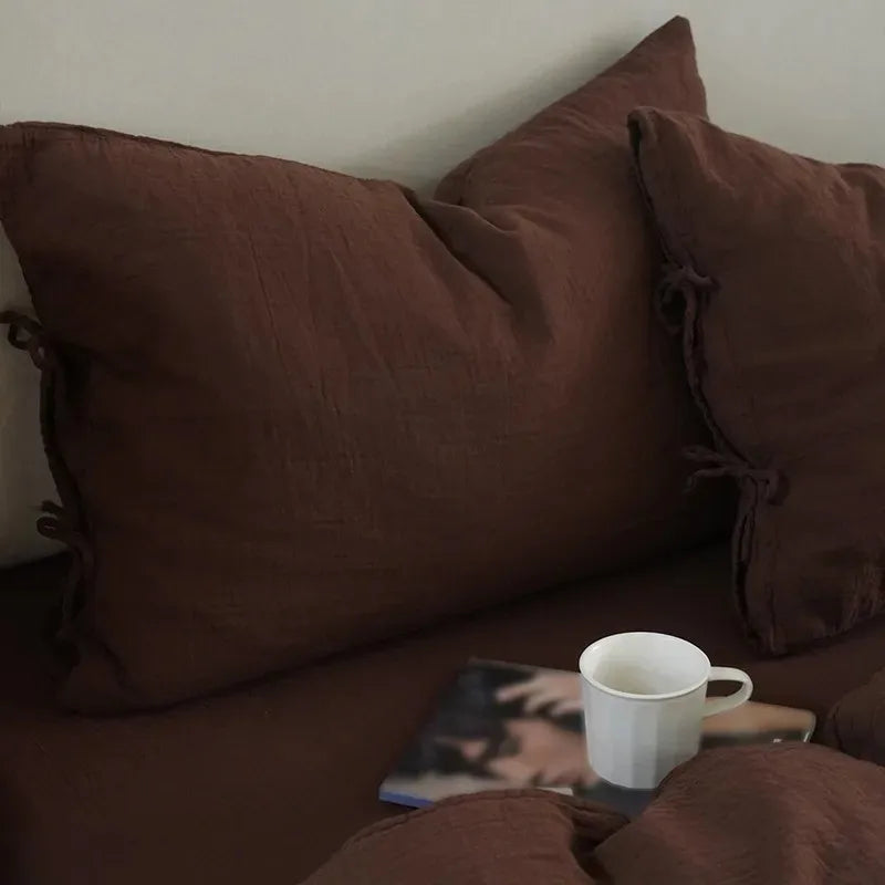 Chocolate Brown 600TC Cotton Twill Wrinkled Yarn Bedding Set includes pillowcases, sheets and duvet cover