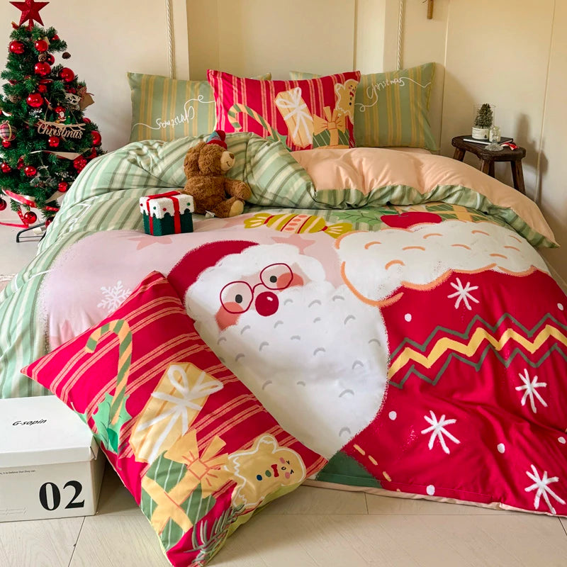 Christmas-themed bedding set with Santa Claus design on a bed, decorated room with Christmas tree.