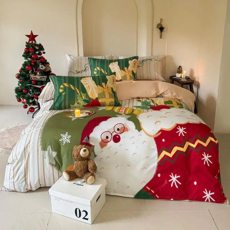 Christmas-themed bedding set with Santa Claus design on a bed in a bedroom.