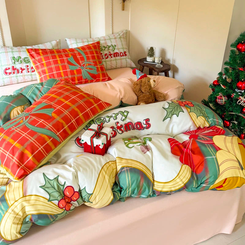 Christmas-themed bedding set with decorative pillows and a big bell design duvet cover.