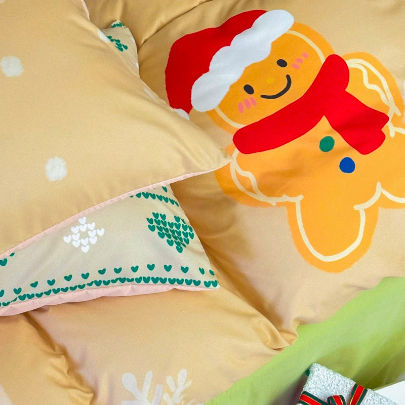Christmas-themed pillow with gingerbread man design on a beige background