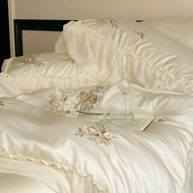 Close-up Double size bed White 600TC Chiffon Ruffle Princess Bedding Set – Lyocell Cotton Embroidery 4PCS