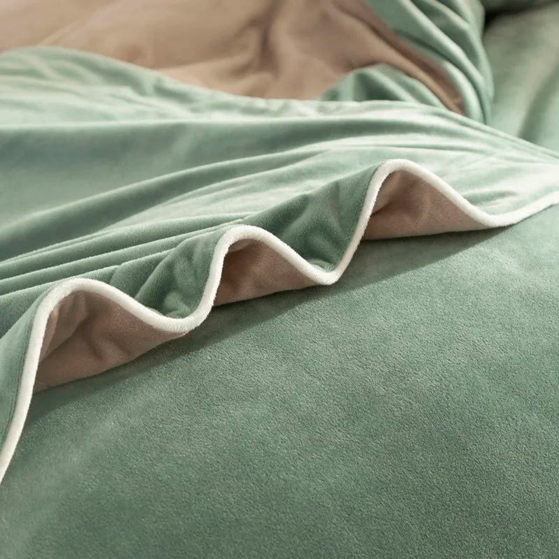 Close-up of a green textured duvet cover with a soft edge