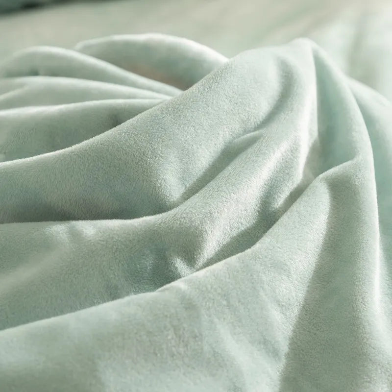 Close-up of light sky fabric with soft texture Flat and Fitted King size 500TC Reversible Fluffy Microfiber Duvet Cover Set with Sheets and Pillowcases