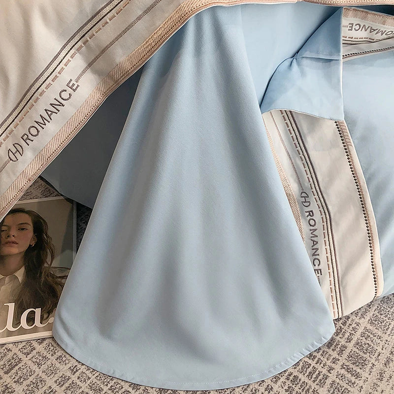 Close up of 1000TC Brushed Cotton Frame Bedding Set sky color flat sheet