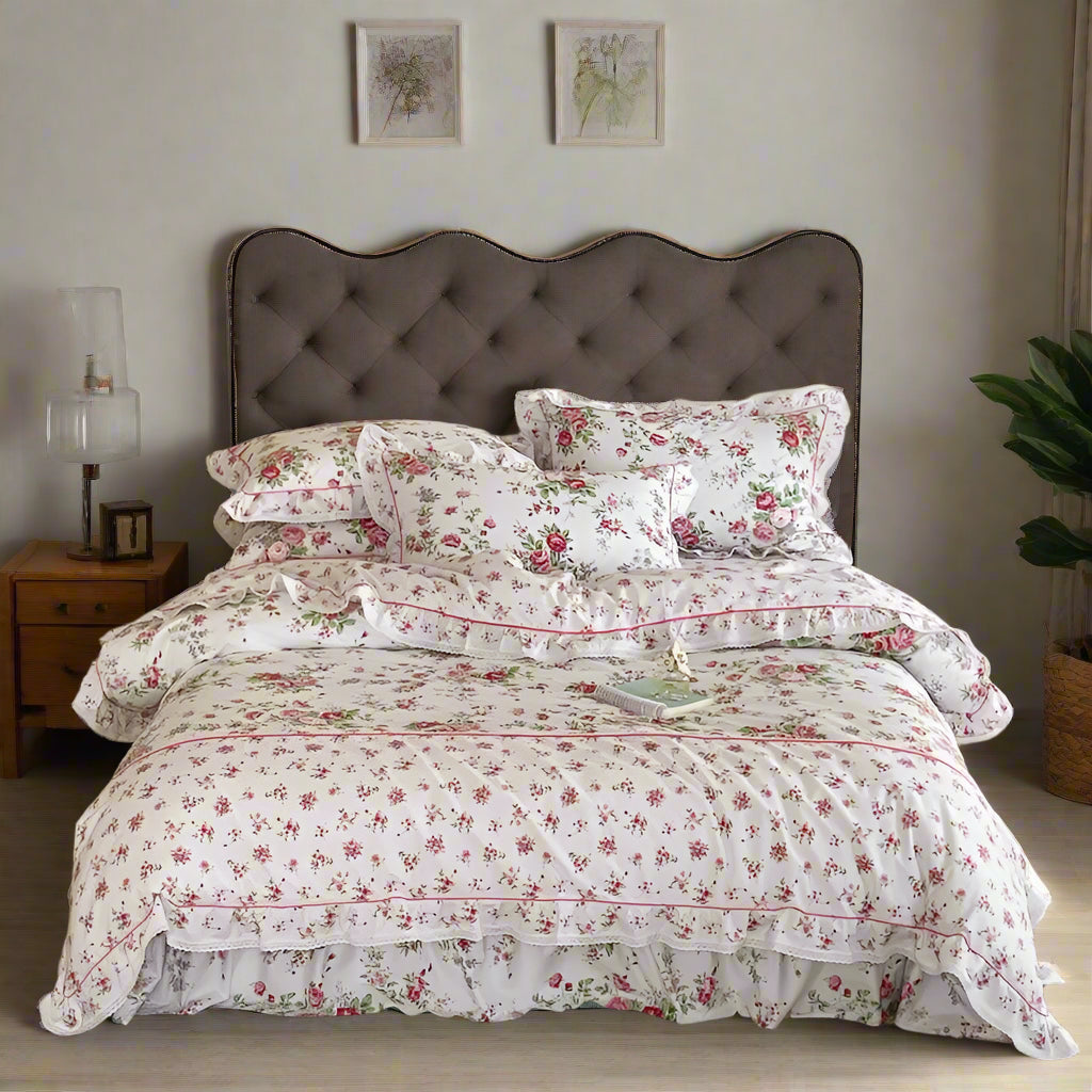 Cotton Floral Ruffle Duvet Cover Set - Pink
