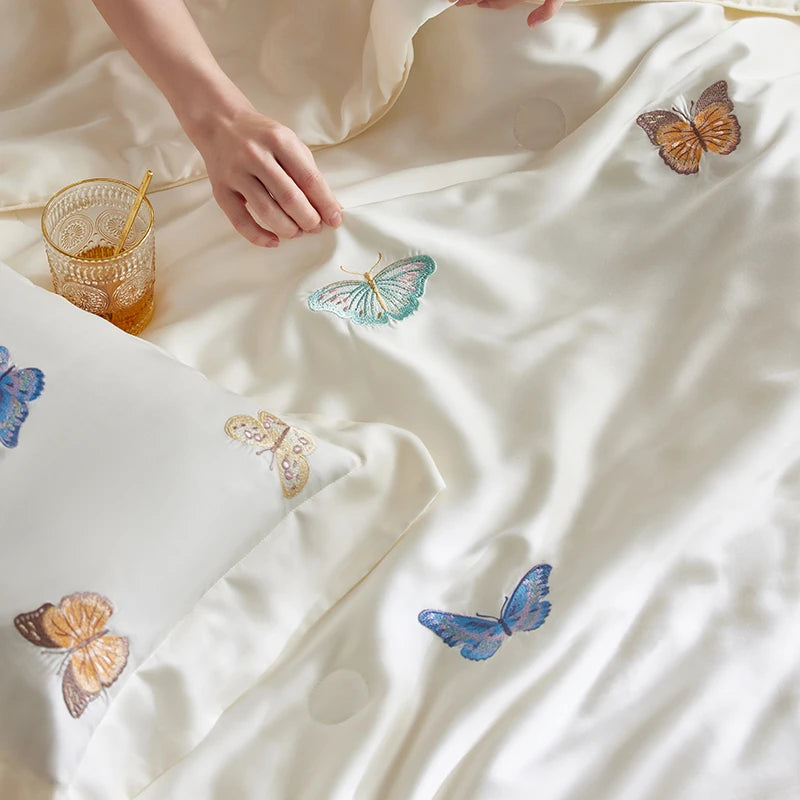 Cream white 600TC Lyocell Cooling Butterfly Embroidery Duvet cover, sheet and pillowcases